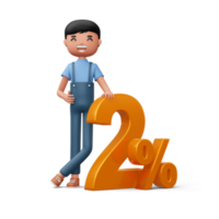 Happy man with golden number two percent, 3d rendering png