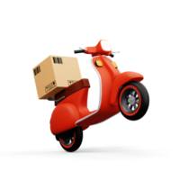motocicleta con paquete o empaquetar caja, entrega mensajero servicio, 3d representación png