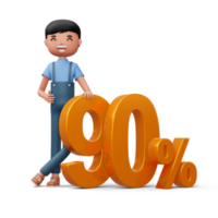 Happy man with golden number ninety percent, 3d rendering png