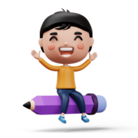 Happy child with pencil, cute boy cartoon character, 3d rendering png