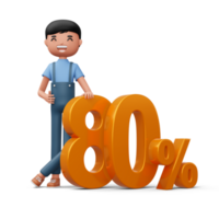 Happy man with golden number eighty percent, 3d rendering png
