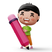 Happy child with pencil, cute boy cartoon character, 3d rendering png