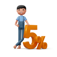 Happy man with golden number five percent, 3d rendering png