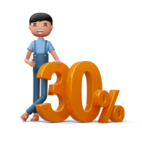 Happy man with golden number thirty percent, 3d rendering png
