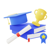 3d illustration icon of blue education college graduation hat book and trophy png