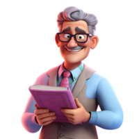 3d Old Professor in glasses standing holding book, generative ai, 3d render of an old Professor, Teacher or Educator, Aged teacher smiling, 3d Teacher character isolated on transparent background, png