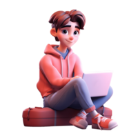 3d Cute smiling University or College Student studying with Laptop on his lap, Transparent student 3d render, 3d Student character isolated on transparent background, Student studying, png