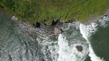 Top down aerial view of giant ocean waves crashing and foaming in coral beach video