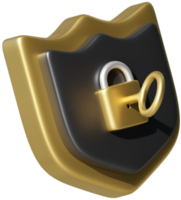 3D render shield with key inside lock hole. Secure protection security safe guard concept web icon sign illustration png