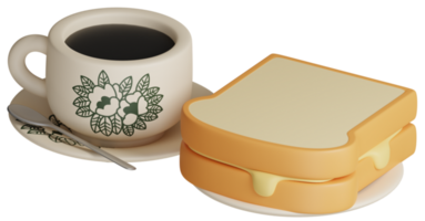 3d representación desayuno conjunto icono. tradicional oriental estilo mantequilla un pan brindis y negro café kopi-o. Clásico nanyang estilo café taza y plato ilustración png