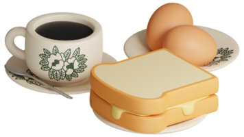3D traditional oriental style coffee, half boiled eggs and butter toast breakfast set. Vintage Nanyang style coffee cup and plate 3D rendering icon illustration png