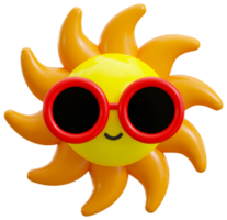 3D rendering cute sunny sun wearing sunglasses cartoon character illustration. Summer concept icon png