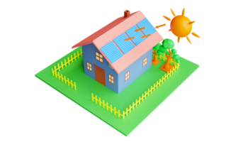 3d renderen huis met zonne- panelen Aan de dak en zon illustratie concept helpen naar verminderen globaal opwarming en kosten spaargeld transparantie png