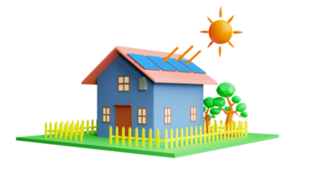 3d le rendu maison avec solaire panneaux sur le toit et Soleil illustration concept portion à réduire global chauffage et Coût des économies transparence png