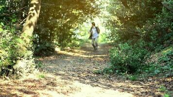 uomo nel guaio in esecuzione lontano nel il foresta, uomo nel Pericolo provando per fuga lontano, Guardando Indietro, selettivo messa a fuoco video