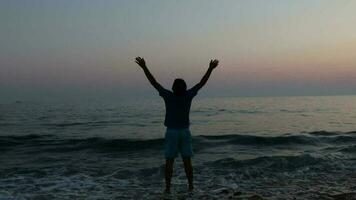 image de le silhouette de une triste et déprimé homme avec élevé mains sur le plage pendant coucher de soleil, réfléchi Jeune homme est permanent par le mer video