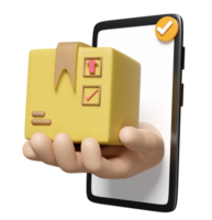 cartoon hands holding goods box with mobile phone, smartphone isolated. Online delivery or order tracking or fast package transport concept, 3d illustration or 3d render png