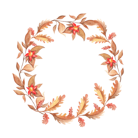 Watercolor autumn wreath with oak leaves, branches and red flowers. Hand painted frame. Floral illustration for greeting cards, invitations, save the date, logos. png