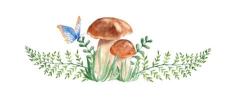 Watercolor forest garland isolated, horizontal composition. Porcini mushrooms, green branches, blue butterfly. Botanical hand drawn illustration. For greeting cards, invitations, logos. png