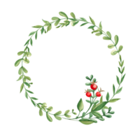 Watercolor wreath with green branches and red berries. Hand painted frame with wild plants. Floral illustration for greeting cards, invitations, save the date, logos. png