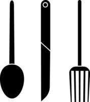 Black knife, fork and spoon on white background. vector