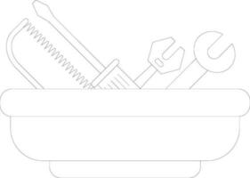 Black line art wrench, hacksaw with screwdriver in tub. vector