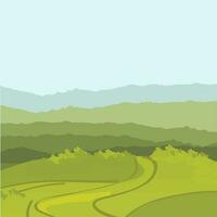 Scenery design with greeen lanscape and mountain. vector