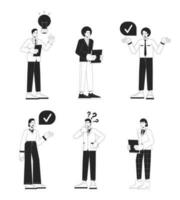 Office women and office men bw vector spot illustration set. Clerical workers 2D cartoon flat line monochromatic characters for web UI design. Colleagues editable isolated outline hero image pack