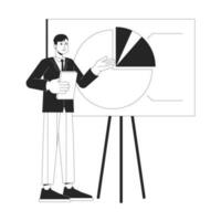 Spokesperson giving presentation flat line black white vector character. Editable outline full body person on white. Sales seminar simple cartoon isolated spot illustration for web graphic design