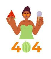 Eating ice cream, watermelon on beach error 404 flash message. Black woman in swimsuit. Empty state ui design. Page not found popup cartoon image. Vector flat illustration concept on white background