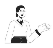 Female tutor explaining with smile flat line black white vector character. Editable outline half body person on white. Office woman simple cartoon isolated spot illustration for web graphic design