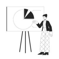 Spokeswoman with whiteboard presentation flat line black white vector character. Editable outline full body person on white. Simple cartoon isolated spot illustration for web graphic design