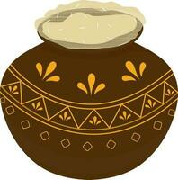 Isolated brown color mud pot decorated with yellow color design. vector