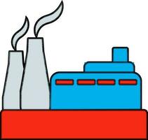 Red and blue icon of factory in flat style. vector