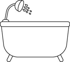 Shower with bathtub in black line art. vector