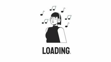 Music lover bw loader animation. Asian girl in headphones relaxing. Flash message 4K video footage. Isolated outline monochrome loading animation with alpha channel transparency for UI, UX web design