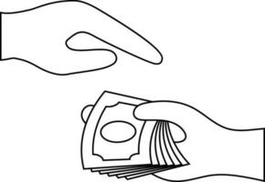 Black line art hand holding money. vector