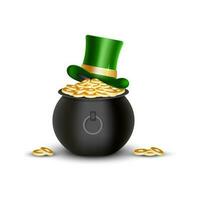 Coin in leprechaun pot with leprechaun hat. vector