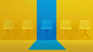 amarillo silla destacado en el fila de azul sillas. humano recurso administración y reclutamiento negocio concepto. video