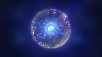 abstrait bleu énergie sphère avec en volant embrasé brillant particules, science futuriste atome avec électrons salut-technologie Contexte video