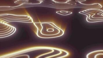 Abstract yellow looped futuristic hi-tech landscape with mountains and canyons from glowing energy circles and magic lines background video