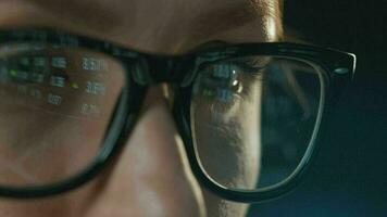 Woman in glasses looking on the monitor and and working with charts and analytics. The monitor screen is reflected in the glasses. Work at night. Extreme close-up video