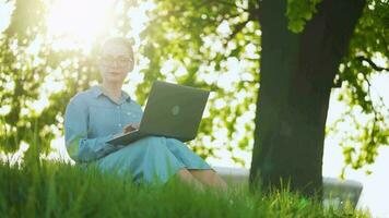 Busy attractive woman working on the laptop as sitting on grass in city park video