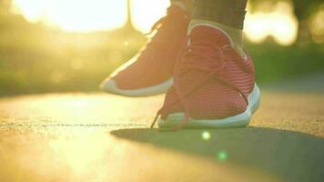 Woman tying shoelaces while jogging or walking at sunset video