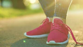 Woman tying shoelaces while jogging or walking at sunset video