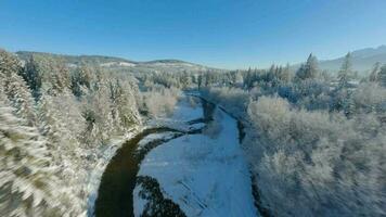 Winter in the mountains. Aerial view of the snow-covered coniferous forest on the slopes of the mountains and the river video