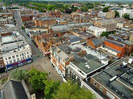 Gorgeous Aerial View of Central Bedford City of England Great Britain of UK. The Downtown's photo Was Captured with Drone's Camera from Medium Altitude from River Great Ouse on 28-May-2023.