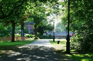 Beautiful Low Angle View of  Local Public Park and Edge of River Great Ouse of Historical Bedford City of England Great Britain of UK. The Image Was Captured on 28-May-2023 photo