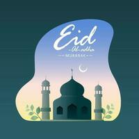 Eid-Al-Adha Mubarak Concept with Mosque Illustration, Crescent Moon, Leaves on Abstract Background. vector