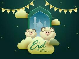 Islamic Festival of Sacrifice, Eid-Al-Adha Mubarak Concept with Two Cartoon Sheep Characters, Clouds, Bunting Flags and Stars Decorated on Silhouette Mosque Green Background. vector